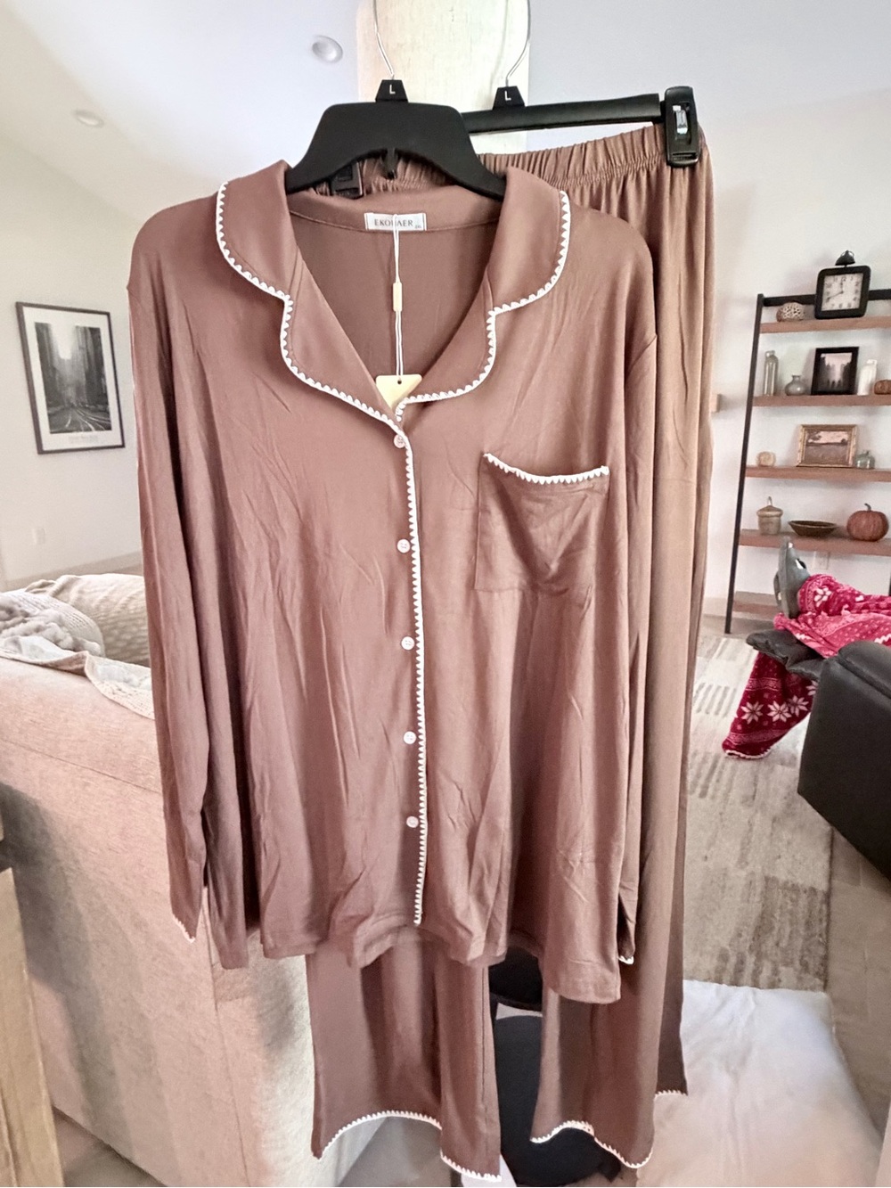 Women's Brown Pajama Set with Contrast Trim - Lightweight Two-Piece